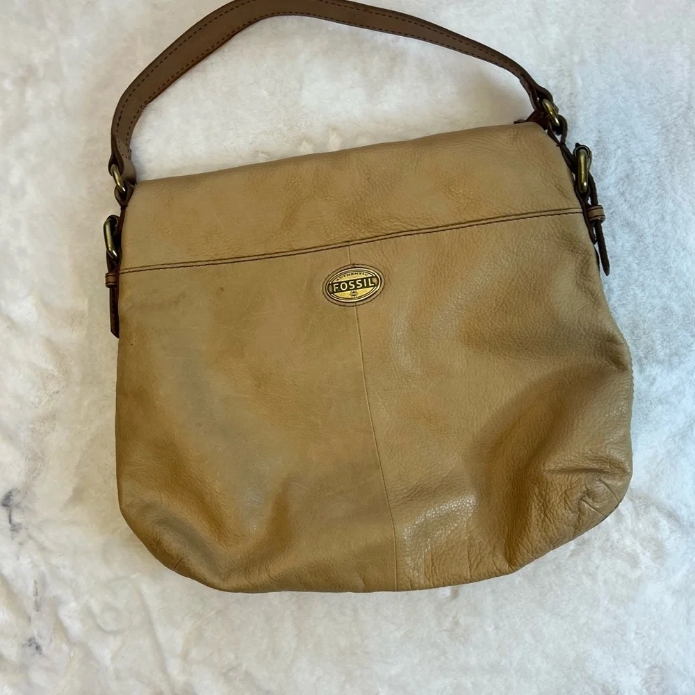 Fossil Explorer Leather Hobo Shoulder Bag Tan Brown